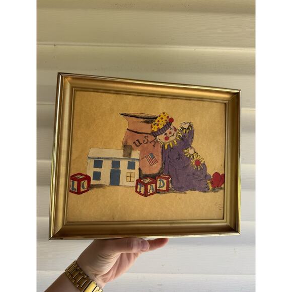 Original Hand Painted Clown Artwork Painting Framed No Glass 1989 USA Vintage